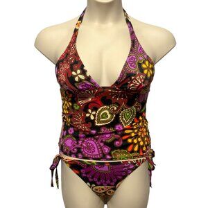 Victoria's Secret Sz M Brown Paisley Floral Halter 2 Pc Tankini Bikini Swimsuit